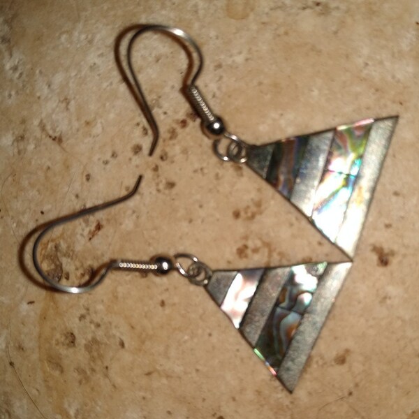 Abalone Earrings Mexican Linear Inlay Detailed Triangles-Articuated On Wires "Sea Of Cortez" Vintage Pierced Dangles