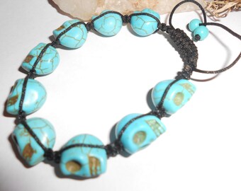 Turquoise Skull Bracelet Colorful (Dyed Howlite) Carved Stone Sugar Skull Beads &  Macrame Cording