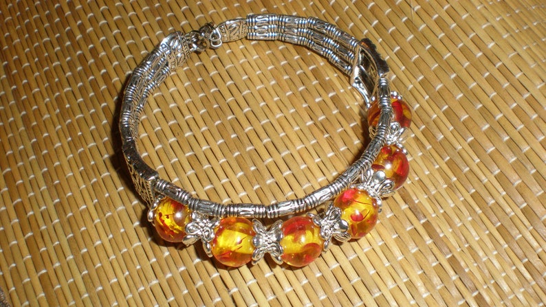 Amber Bracelet Lovely Art Glass Tribal Style Beaded Tibetan Silver Bangle