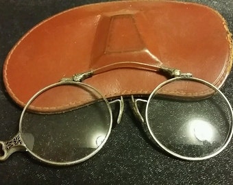 Pince Nez "Folding" Eye Glasses & Leather Case Gothic Quizzing Antique Ornate Magnifying Lens Circa 1870