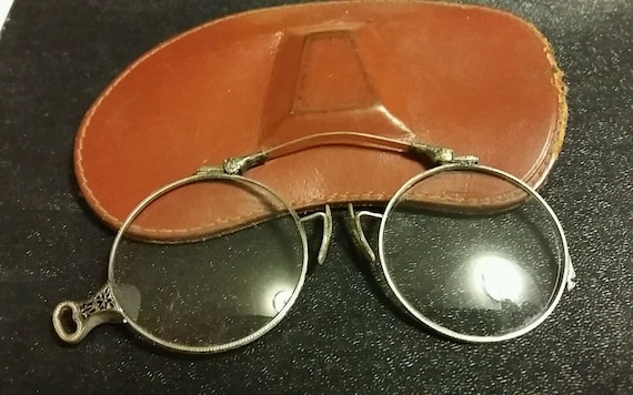 Pince Nez folding Eye Glasses & Leather Case Gothic Quizzing