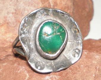 Green Turquoise Navajo Modernist Ring Dead Pawn Hand Made- Vintage 40s Native American Silver Jewelry