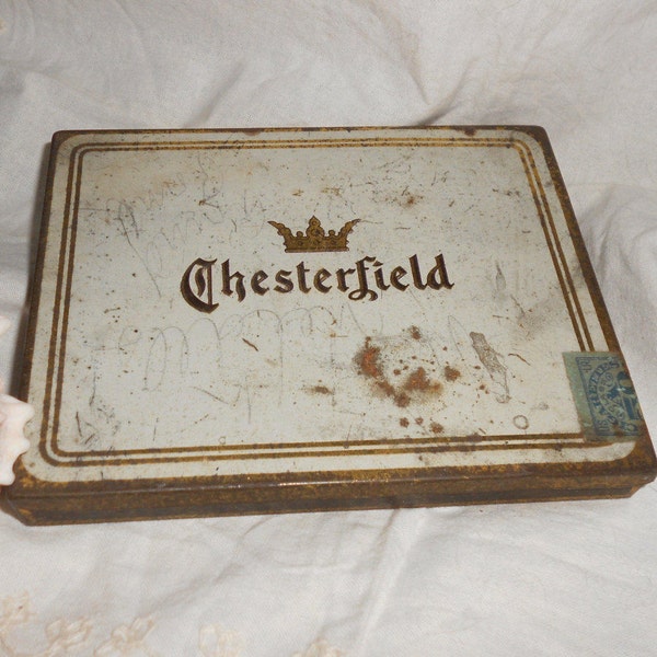 Cigarette Tin With Advertising Lithograph Box Chesterfield 1930s Tobacciana Smoking Collectible - Beautifully Distressed