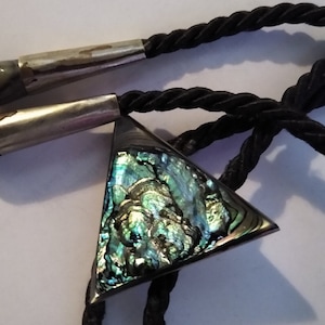 Abalone Bolo Tie Black Corded Natural MOP Triangular Slide With Dangles-Traditional Southwestern Wear