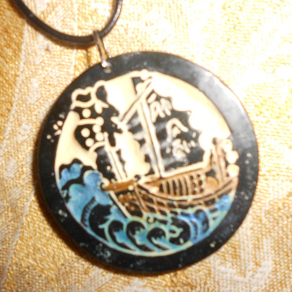 Jade Pendant Carved Ship-Sailor's Luck "Fair Skies" Nautical Amulet Necklace Chinese Carving With Inset French Plaster Contrast OOAK