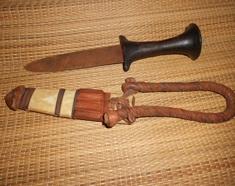 Antique African made leather bound knive trio