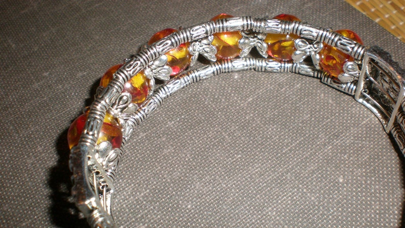 Amber Bracelet Lovely Art Glass Tribal Style Beaded Tibetan Silver Bangle