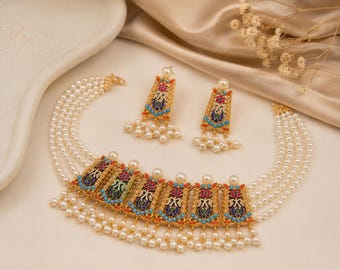 1. Handcrafted Pearl Choker Necklace & Earrings Set | Multicolor Kundan Bridal Jewelry