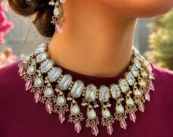 Set composto da collana girocollo Kundan rosa e orecchini vistosi / Gioielli da sposa / Gioielli indiani e pakistani