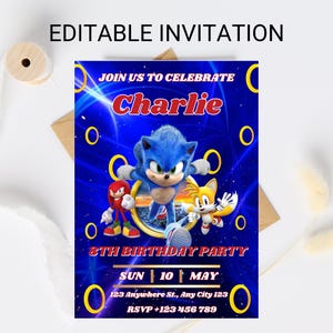 Sonic Editable Birthday Invitation, Hedgehog Party Invitation Template Printable, For Boy and Girl Invitation, Invite Instant Download
