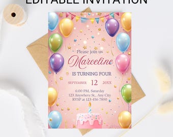 Ballonverjaardagsuitnodiging, verjaardagsuitnodiging, ballonfeestuitnodiging sjabloon, aquarel regenbooguitnodiging, uitnodiging feest, bewerkbaar canva