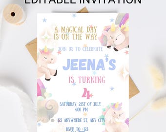Unicorn Birthday Invitation: Magical Rainbow Party, Editable Canva Template (Instant Download)