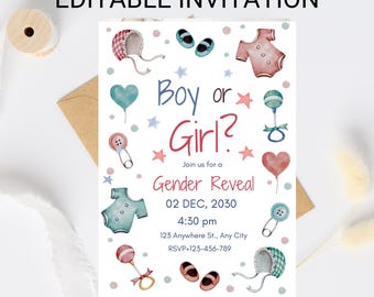 Boho Gender Reveal Invitation, Vintage Baby Clothes, Editable Invite (Instant Download)