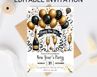New Year's Eve Party Invitation Template, Champagne Theme NYE Invite, Elegant Neutral Boho NYE Invitation, Editable 2026 New Year Invitation