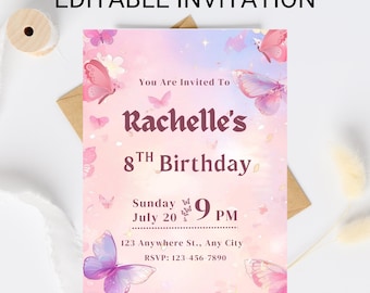 Invitación de cumpleaños de mariposa rosa: Fiesta de hadas florales (Plantilla editable, descarga digital)