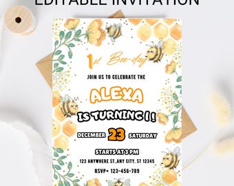 Floral Bee 1st Birthday Invitation Set: Editable Canva Template