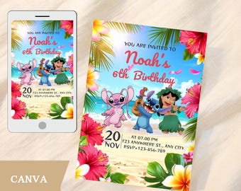 Editable Stitch Birthday Invitation: Lilo & Girl Party Theme (5x7 inch Template) (PDF Pattern)