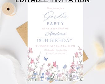 Wildflower Birthday Invitation: Pink, Purple, and Butterfly Garden Party (EDITABLE Template)