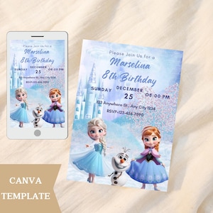 Op de afbeelding: Een verjaardagsuitnodiging met de tekst "Marselina 8th Birthday" en de datum en tijd. Het ontwerp bevat illustraties van personages uit de film Frozen, een kasteel en een sneeuwpop. De uitnodiging wordt getoond op een smartphone en een gedrukte kaart.