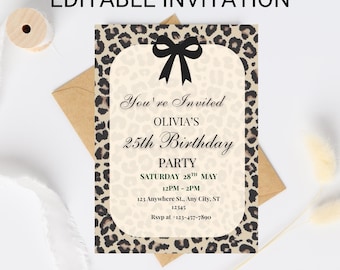 Cheetah Print Birthday Invitation, Black Bow Coquette Party Printable Invite, Ediatable Canva Design, Insatant PDF Download