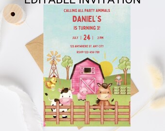 Plantilla editable de invitación de cumpleaños de animales de granja (descarga digital)