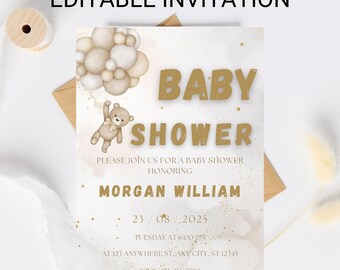 Editable Bear Baby Shower Invitation: Gender Neutral Boho Theme (5x7 inch Template)
