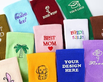 Calcetines bordados personalizados, calcetines con nombre/fecha personalizados, calcetines con logotipo de texto personalizado, regalos navideños, regalo para mamá y papá, calcetines de novias.