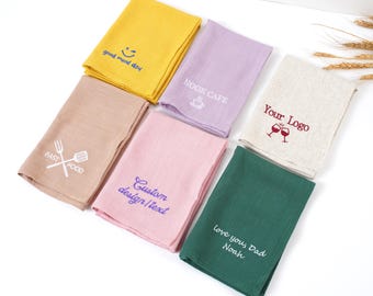 Servilletas de lino y algodón bordadas personalizadas, paño de cocina personalizado, servilletas con nombre, paño de cocina con logotipo personalizado, regalo para mamá, regalos de boda,