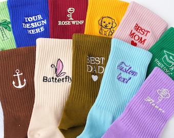 Meias bordadas personalizadas, meias de algodão unissex, com logotipo e texto personalizado, meias para mães e pais, presente para despedida de solteira, presentes de feriado, presente para a família.
