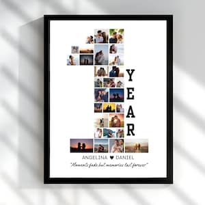 Könnte beinhalten: Eine gerahmte Fotocollage in einem schwarzen Rahmen. Die Collage hat die Form der Zahl eins und ist mit verschiedenen Fotos eines Paares gefüllt. Das Wort "YEAR" ist vertikal in Schwarz geschrieben. Die Namen "ANGELINA" und "DANIEL" stehen unter der Eins, mit dem Zitat "Moments fade but memories last forever."