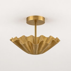 Semi Flush Mount Brass Ceiling Fixture, Brass Scalloped Ceiling Light, Fluted Shell Ceiling Lamp, Art Deco Flower Light