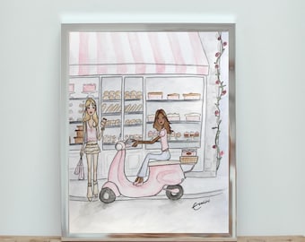 May include: Watercolor illustration of a bakery scene with two women. One woman stands holding a pastry, the other sits on a pink scooter. The bakery has a pink and white striped awning and displays pastries.