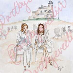 May include: Watercolor painting of two people seated in white chairs on a beach, holding wine glasses. They are dressed in white and pink clothing. A building and an American flag are in the background.