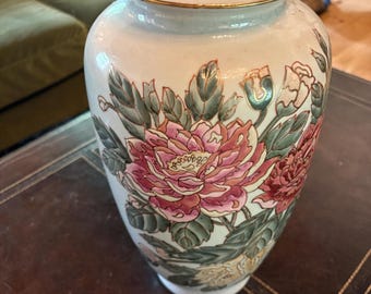 Vintage Hand-Painted Peony Porcelain Vase, Chinoiserie Gold Rim Accent Home Decor