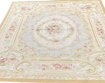 Blue and white vintage Aubusson rug 8'x10'