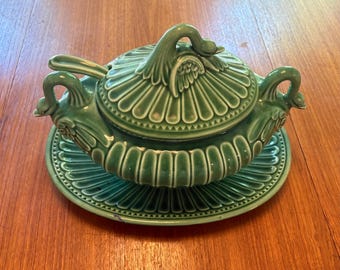Vintage Majolica Swan Tureen Set | Emerald Green Double Swan Handles, Ladle, Underplate | Portugal