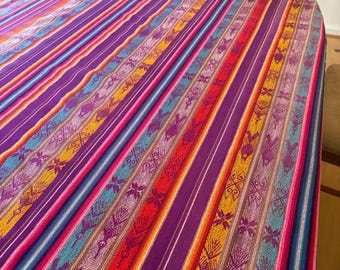 Hand Woven Cotton Tablecloth, Hand Knotted Fringe, Vintage Boho Textile, Costa Rican Throw