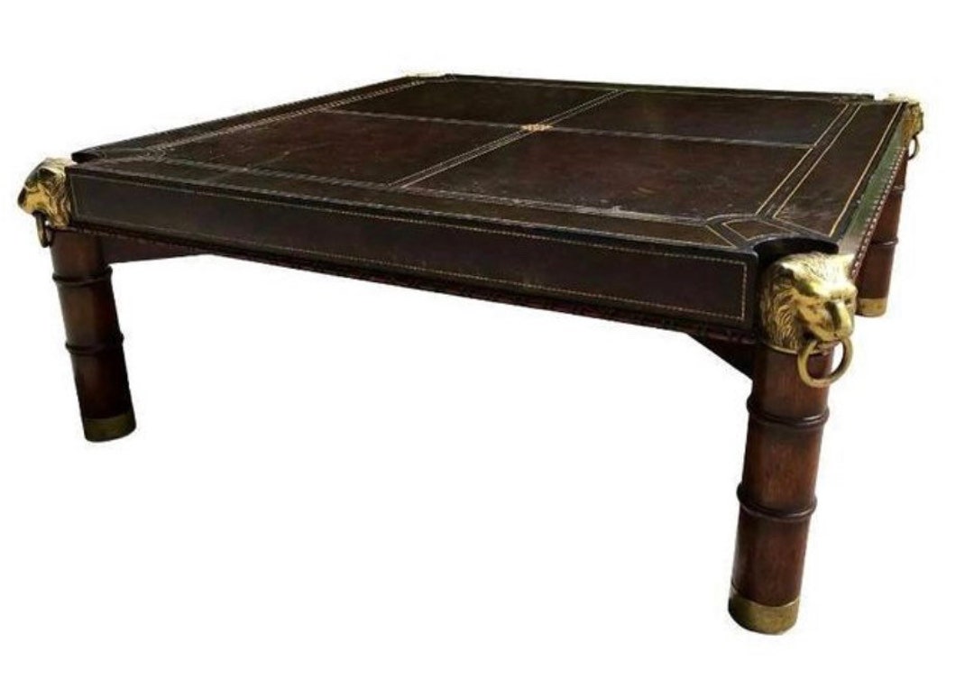 Mahogany Large Coffee Table. Leather Wrapped Top, Brass Lion Heads on