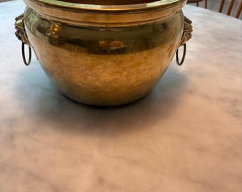 Vintage Brass Lion Head Cachepot | Hammered Jardiniere Planter with Ring Handles