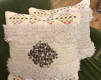 Vintage Moroccan Wedding Blanket Pillow, Sequined Handira Wool Cushion, 18" Boho Berber Decor
