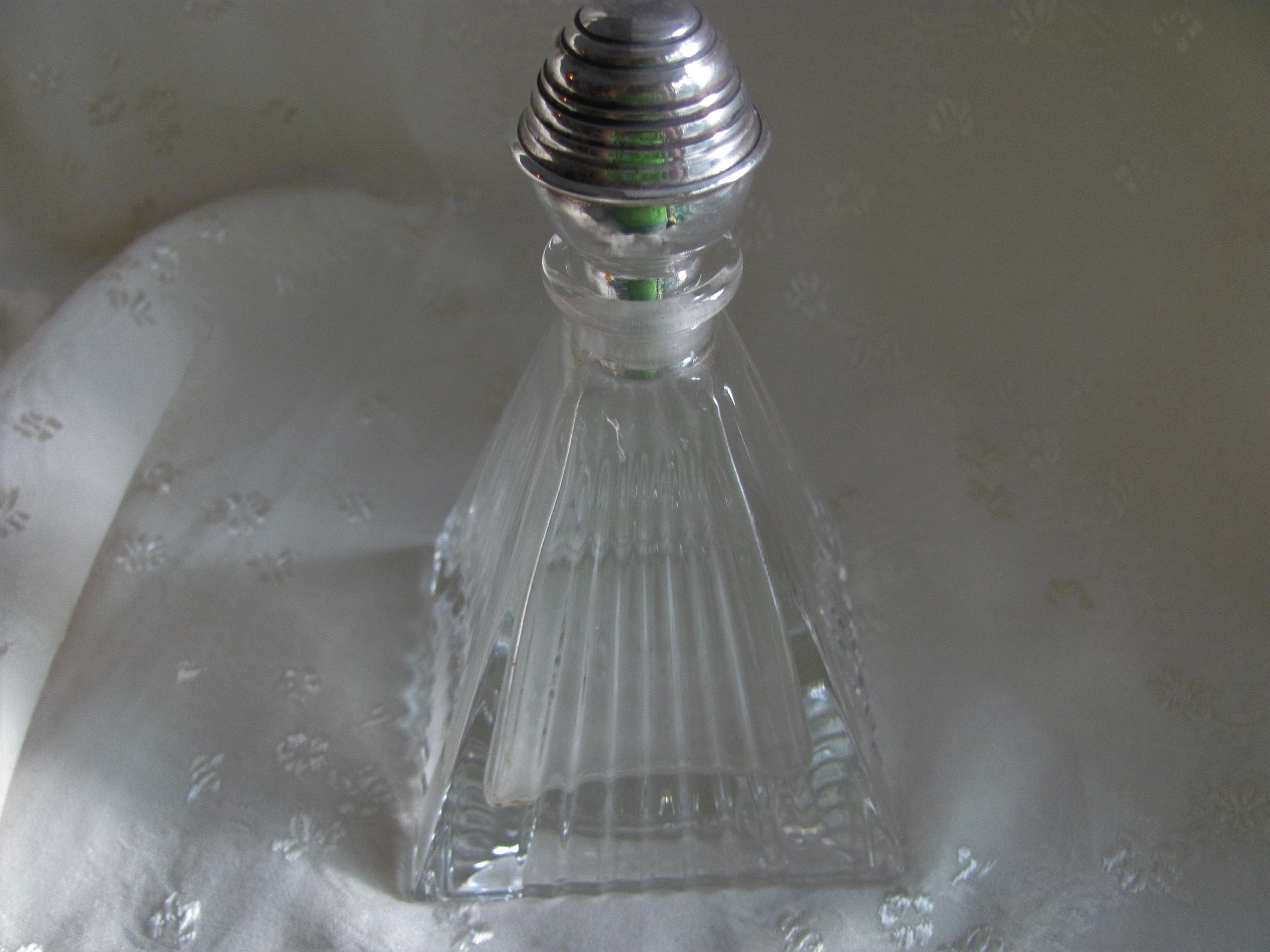 Antique Art Deco Pyramid Glass Perfume Bottle With 925 Sterling Silver