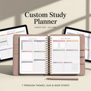 May include: A custom study planner with a spiral binding, open to display daily and weekly planning pages. The planner is in a light pink cover, with the text "Custom Study Planner" and the dates "August 2025 - July 2026". A pen rests on the surface.