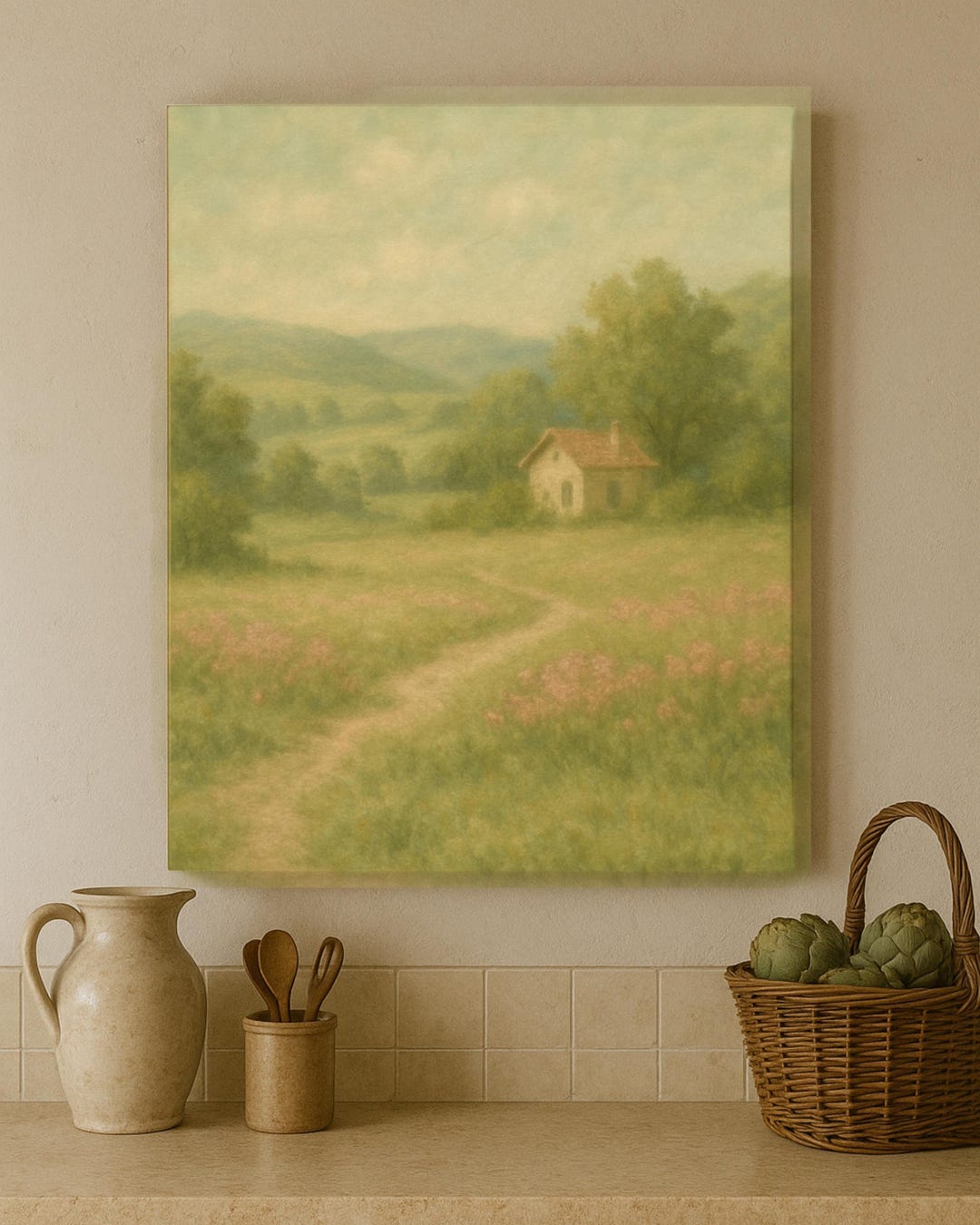 Vintage Cottage Field Digital Art | Printable Wall Art, Cottage Print ...