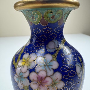 Vintage Cloisonné Vase – Blue Enamel with Floral Blossom Design, Asian Decorative Home Decor