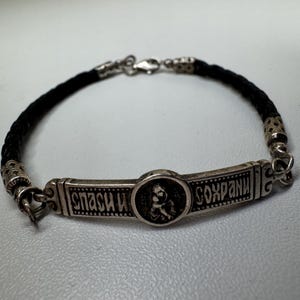 „Save and Protect“ -Armband aus Sterlingsilber mit schwarzem Leder, christlich Ortho-Schmuck