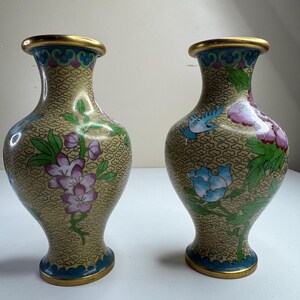 Pair of Vintage Cloisonné Vases – Floral and Bird Design, Decorative Collectible Home Decor