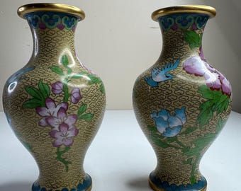 七宝焼花瓶 花と鳥の絵柄 ヴィンテージ七宝焼き花瓶ペア – 花と鳥のデザイン、装飾的な