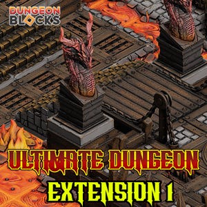 Könnte beinhalten: Ein detailliertes Tabletop-Gaming-Geländeset mit dem Text "DUNGEON BLOCKS" und "ULTIMATE DUNGEON EXTENSION 1". Das Set zeigt ein Dungeon-Thema mit Lava, Metallstegen und dekorativen Statuen.