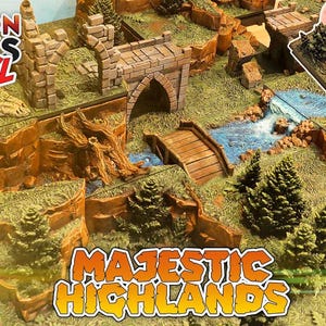 May include: A detailed tabletop gaming terrain set, featuring a river, bridges, and cliffs. The set includes modular terrain pieces with grass, trees, and stone textures. The text "DUNGEON BLOCKS XL" and "MAJESTIC HIGHLANDS" are visible.