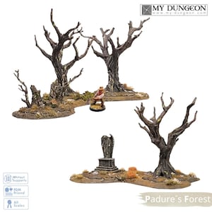 May include: A set of miniature terrain pieces titled Padure's Forest, featuring dark brown leafless trees on textured bases with patches of grass, a small painted figure, and a grey stone angel statue on a pedestal, all set against a white background.